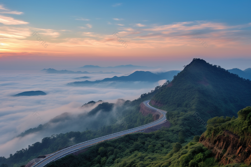 湖北咸宁九宫山山顶道路云海山路山脉,高清,摄影图,摄影图片,图片大全,摄影图免费下载